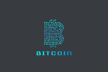 Digital Chip Bitcoin Logo design vector. Fintech Blockchain icon