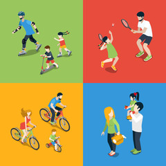Family outdoor sports play parenting flat 3d isometric vector
