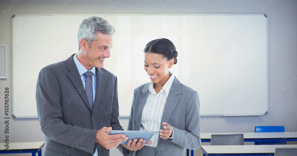 Poster composite image of business people using tablet computer
