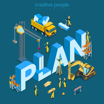 Plan creation construction building word flat 3d isometric vector