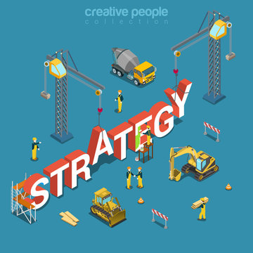 Strategy creation construction building word flat 3d isometric vector