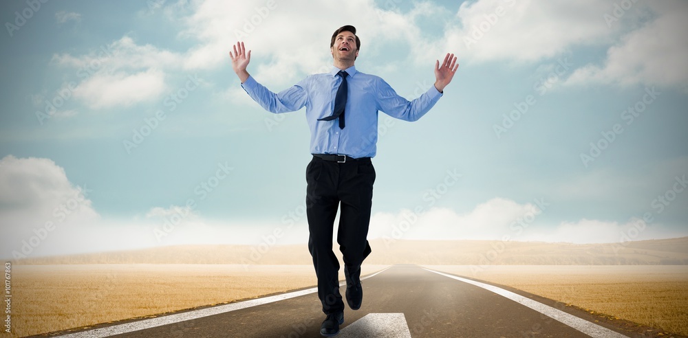 Poster composite image of happy businessman running with hands up