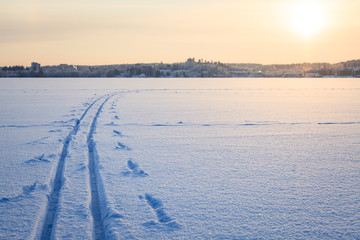 Obraz premium Ski tracks snow lake