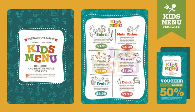 Cute colorful kids meal menu vector template 