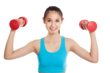 Beautiful Asian healthy girl exercise with dumbbell