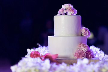The white wedding cake set on table, decorated with pink floral. Selective focus.
