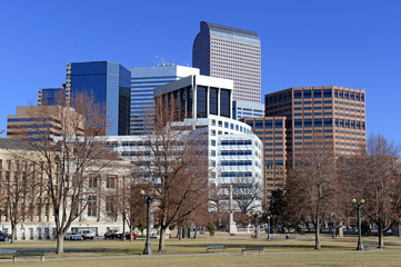 Denver city skyline in the mile high city in the Rocky Mountains, Denver Colorado, USA