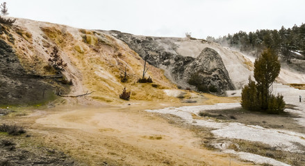 Fototapeta na wymiar Hot Springs Waterfall In Yellowstone National Park