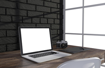 Fototapeta premium 3D illustration laptop and work stuff on table near brick wall, Workspace