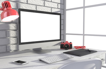 Fototapeta premium 3D illustration PC screen on table in office, Workspace