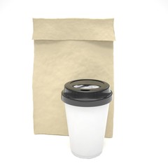 Coffee to go and lunch bag, on white.