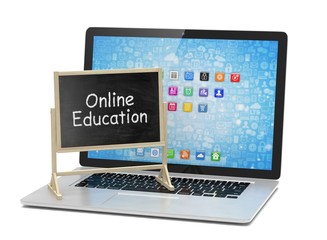  Laptop with chalkboard, online education concept