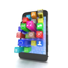  application software icons extruding from smartphone, isolated on white