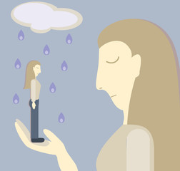 Психологическая иллюстрация о стрессе и депресии. Женщина держит саму себя на руке под дожем