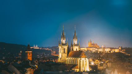 Fototapeta na wymiar Night cityscape of Prague, Czech Republic. Old town hall, Church