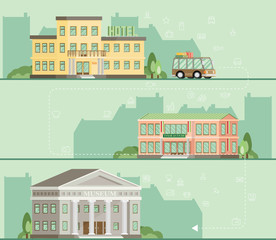 Travel by bus. Hotel, restaurant, museum. Flat vector.