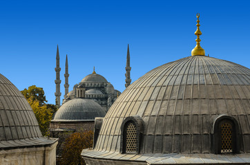 the classic view of the Blue mosque from the Hagia Sophia Cathedral, Istanbul, Turkey.