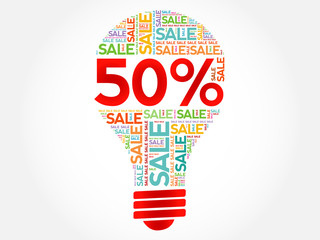 50 percent SALE bulb word cloud, business concept background