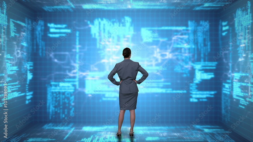 Poster businesswoman coding on tech interface
