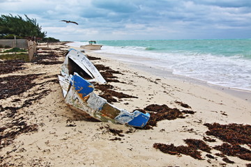 Pelican flying over beached wrecked abandoned boat skiff on Isla Blanca peninsula on Cancun Bay Mexico