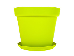 Green plastic flower pots on white background