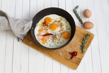 eggs fried on a frying pan