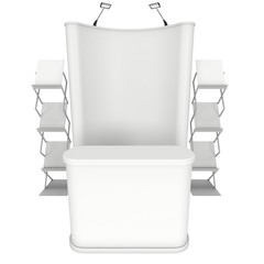 Pop-up stand with reception desk and magazine rack