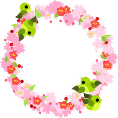 Wreath of pink flowers and little birds which imaged spring