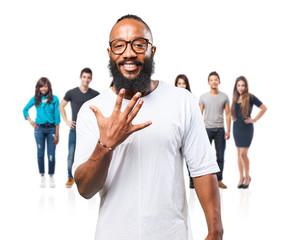 black man doing number five sign