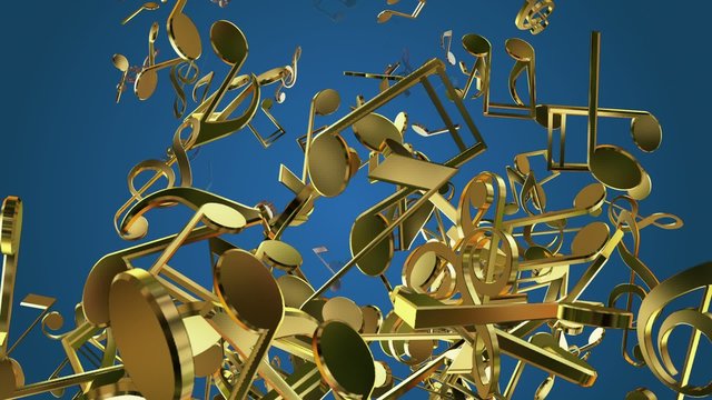 Falling musical notes in golden color on blue
