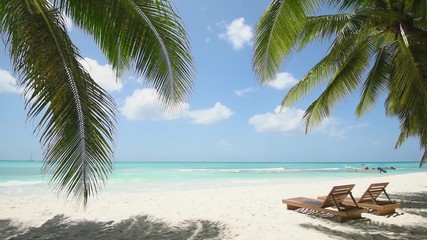 Beach Maldives. Summer. The best beaches in the world. Top view of the beach /Hotel on the shore of the blue sea. Dominican Republic, Punta Cana. White sand, beautiful beach, tall palm trees. Vacation