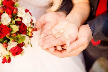 Closeup photo of a happy couple in love holding wedding rings on