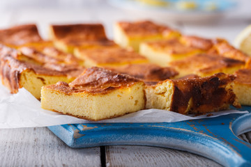 Cottage cheese pudding cake with lemon.selective focus.