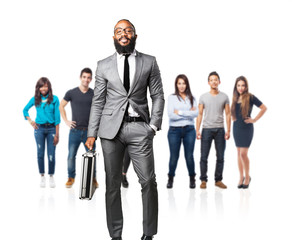 Obraz premium full body business black man holding a suitcase