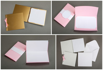 Collection of colorful cards and envelopes over gray background.