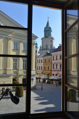 Lublin through window - obrazy, fototapety, plakaty