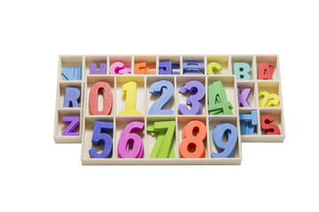 Letters, numbers with beautiful colors made of wood.