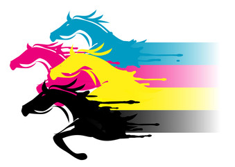 Fast printing concept.
Four running horses in the colors of the CMYK color model. Concept for presenting of color printing. Vector available.
 - obrazy, fototapety, plakaty