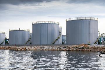 Shining oil tanks on Black sea coast in Varna port