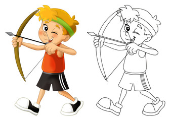 Kid shooting - bow - coloring page - isolated - illustration for the children