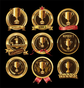 Gold trophy and medal with laurel wreath vector illustration