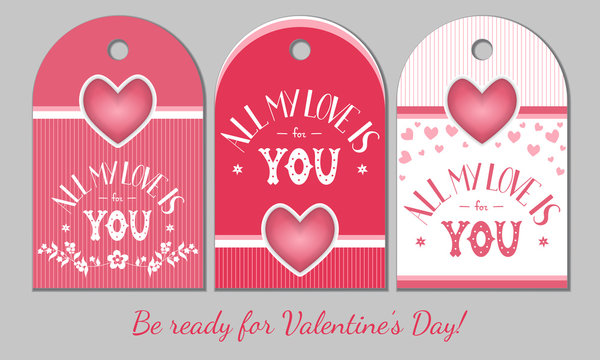 St Valentines Day present tags. Holiday gift cards with hearts and love hand drawn lettering for romantic evening, bouquet, candies, toys. Decoration design elements set. Vector illustration.