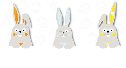 Funny Easter banner wtih cute cartoon Easter bunnies - one with blinking eye / vectors on white background