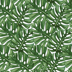 Watercolor tropical palm leaves seamless pattern. Vector illustration.