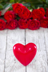 hearts and a bouquet of red roses on wooden board, Valentines Da