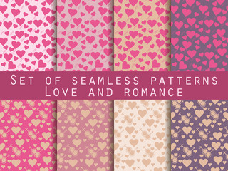 I love you. Set of seamless patterns with hearts. Festive pattern for wrapping paper, wallpaper, tiles, fabrics, backgrounds. Vector illustration.