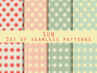 Sun. Set of seamless patterns. The pattern for wallpaper, bed linen, tiles, fabrics, backgrounds. Vector illustration.