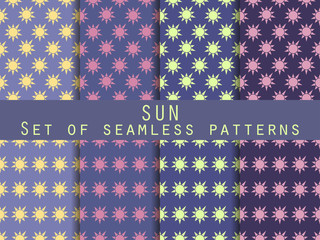 Sun. Set of seamless patterns. The pattern for wallpaper, bed linen, tiles, fabrics, backgrounds. Vector illustration.