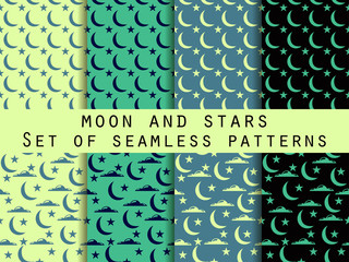 Moon, stars and clouds. Set seamless patterns The pattern for wallpaper, bed linen, tiles, fabrics, backgrounds. Vector illustration.