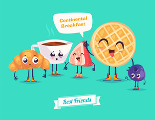 Set of breakfast characters. Vector cute cartoons 